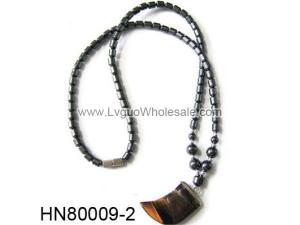 Hematite Beads and Tiger Eye Stone Horn Pendant Necklace